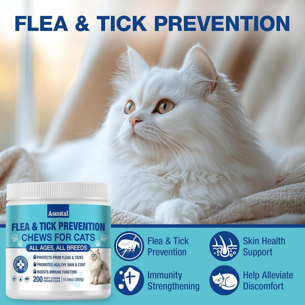 Flea and Tick Prevention for Cats Chewable, Natural Cat Flea Treatment, Oral Kitten Cat Flea & Tick Control, Flea Pills Supplement with Vitamins