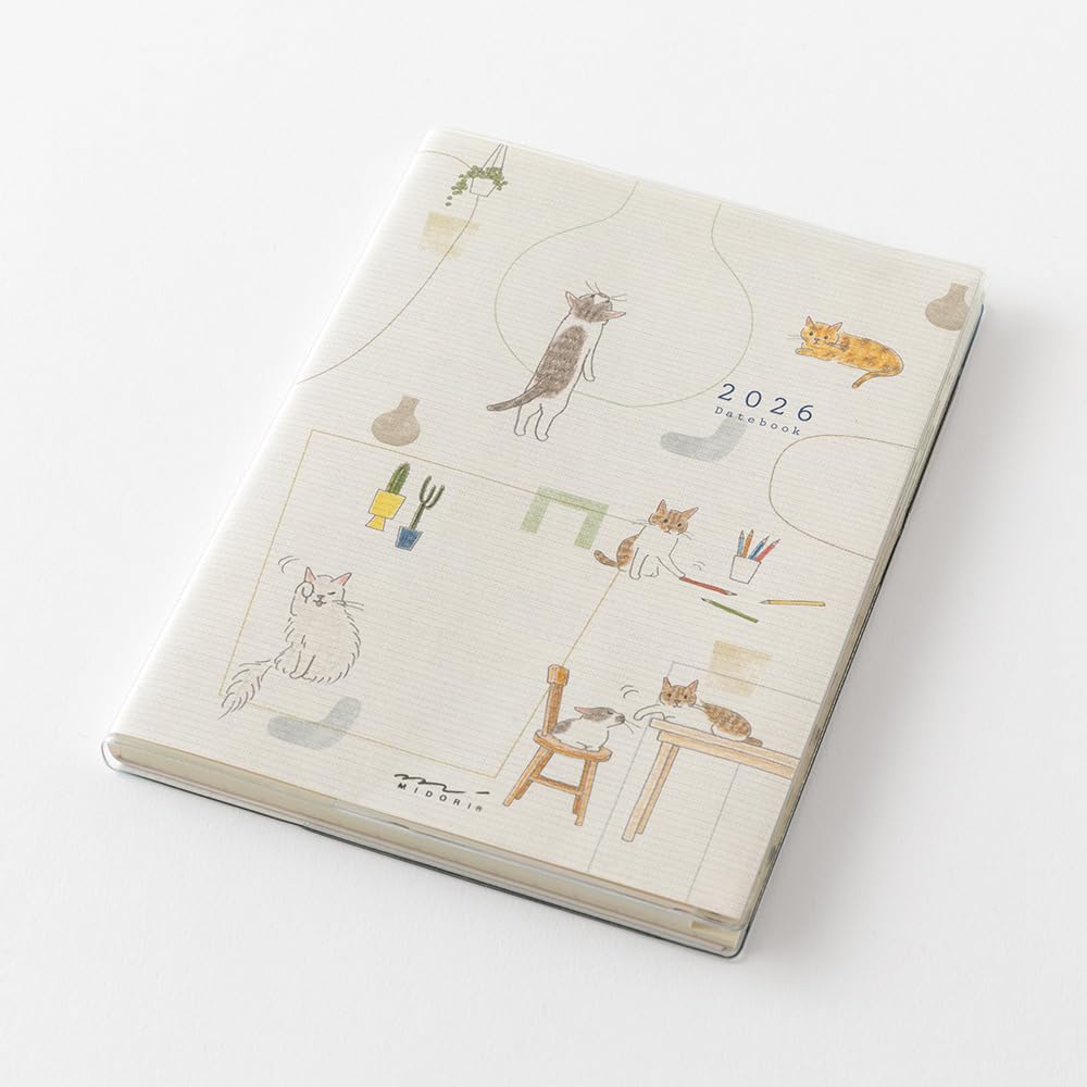 Midori Pocket Limited Cat with 22367006 January Diary, 2026, A6, Weekly, Edition, Design, Bookmark, (Starts 2026)