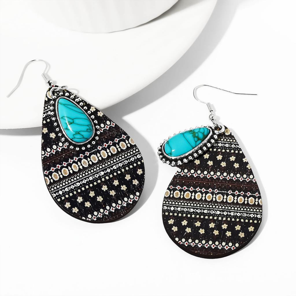 Eco-Friendly Earrings, Retro Water Drop-Shaped Wooden Earrings, Turquoise Earrings.