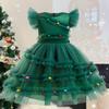 Girls Christmas Tree Dress Flying Sleeve Xmas Party Tutu Dress Bow Knot Colorful Pompoms Mesh Dress
