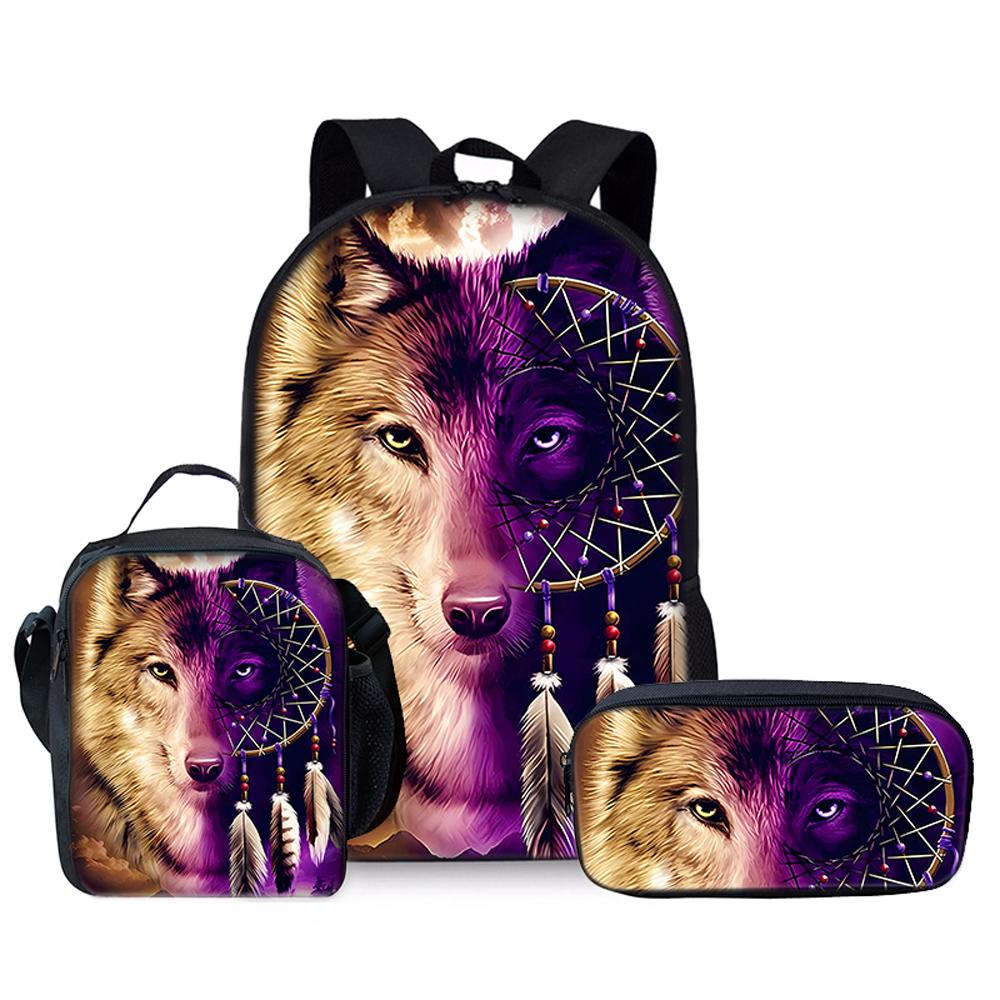 Animal Wolf King Three Piece Set Backpacks for Boy and Girls Best Gifts 2D Flat Cartoon School Backpack for Children