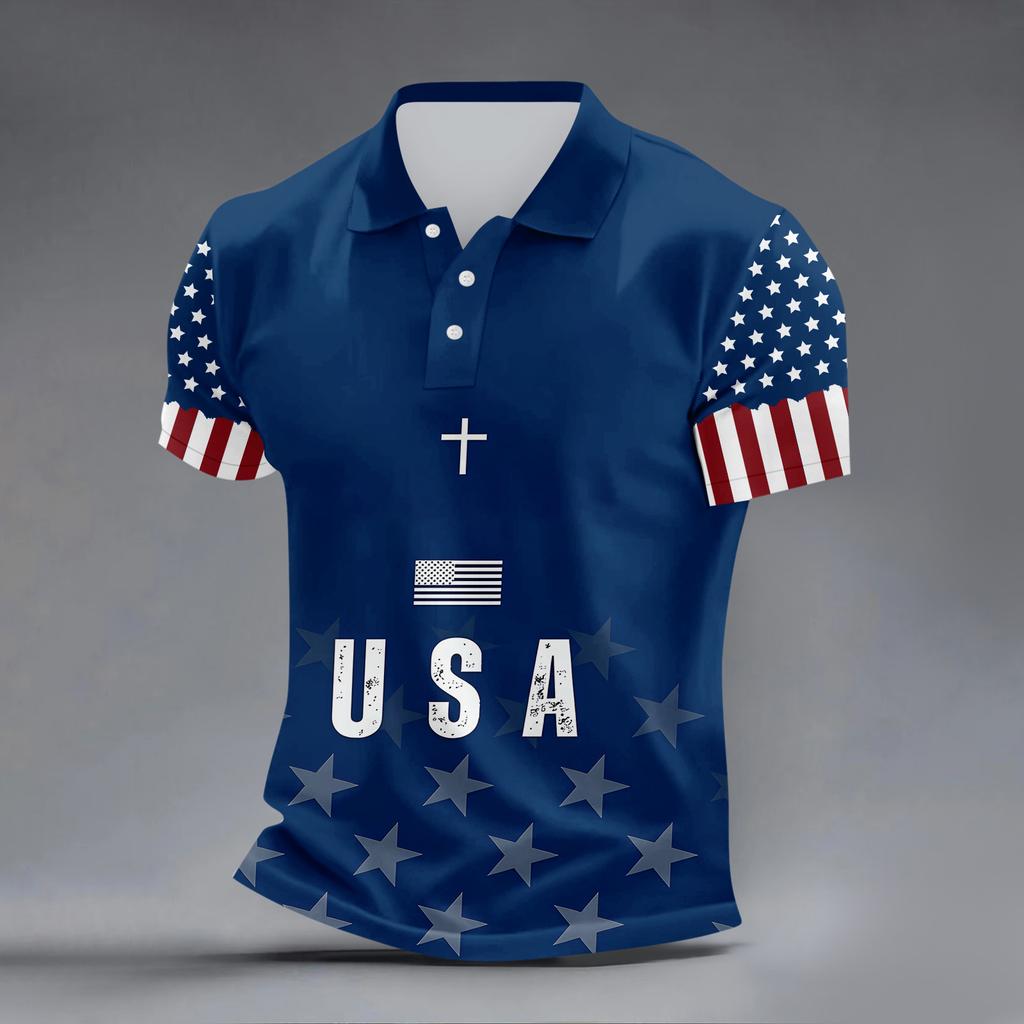 Men’s Short Sleeve Polo Shirt with USA Letter Print Flag Graphic and Striped Design Casual Fit