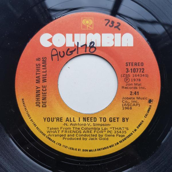 

7inch Record JOHNNY MATHIS & DENIECE WILLIAMS - You re All I Need To Get By / You r 310772 Columbia 1978 Canada Soul/Funk Used