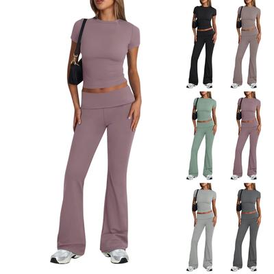 Women's Fashion Solid Color Round Neck Short Sleeve Top Wide Leg  Pants Set