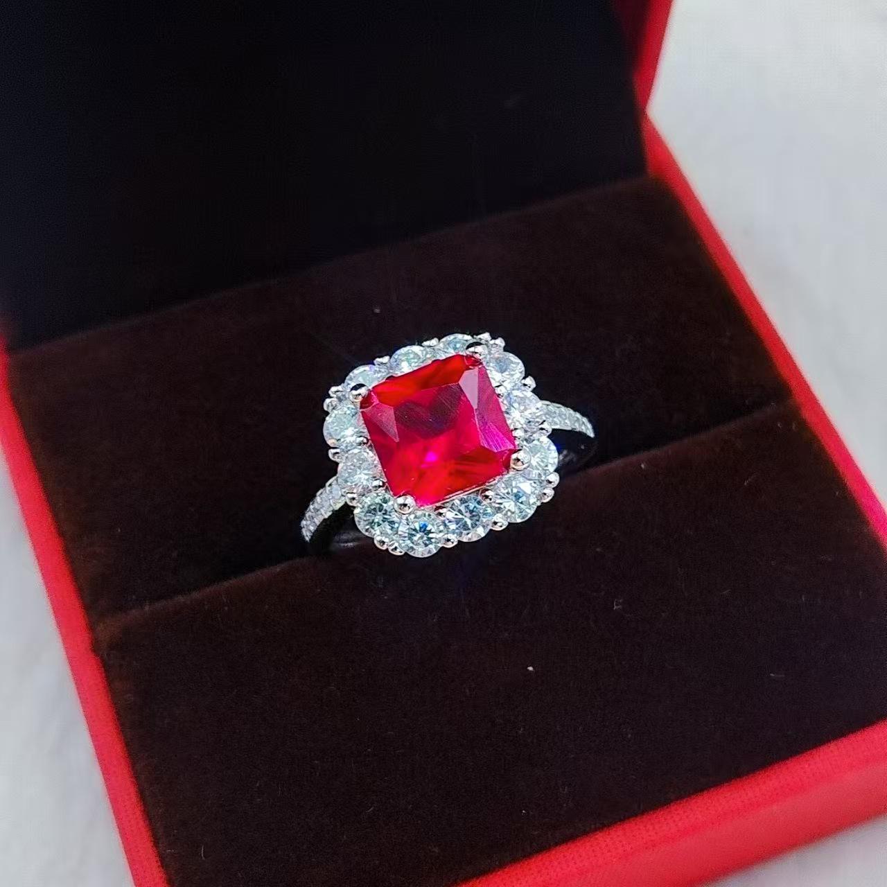 Trendy European & American Red and Blue Square Gemstone Ring for Women Adjustable