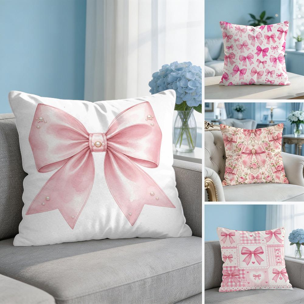 Pink Bow Pattern Cushion Cover Breathable Organic Short Plush Cushion Covers Machine Washable Wrinkle-Resistant Soft Durable