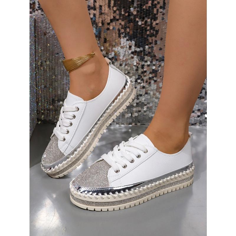 Women's Casual Shoes, Sizes 35-43 Flat-Soled, Diamond-Studded Lace-Up Sneakers Thick-Soled White Sneakers Women's Athletic Slip-Ons