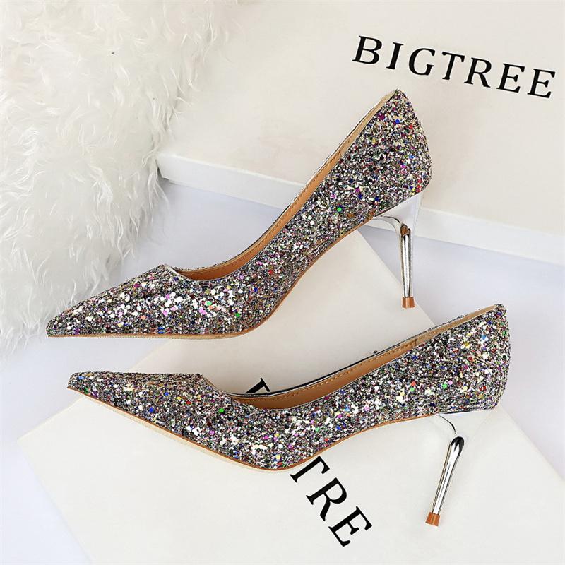  Women Fashion Pointed Toe Thin High Heels Sequins Glitter Luxury Designer Pumps Wedding Bridal Gold Valentine  Shoes