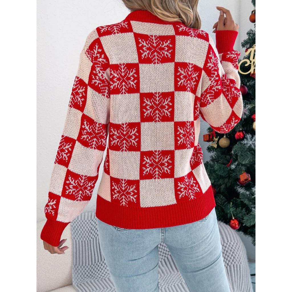 Autumn Winter Snowflake Checkered Knitted Sweaters Lantern Pullover Sweater Women's Christmas Sweater