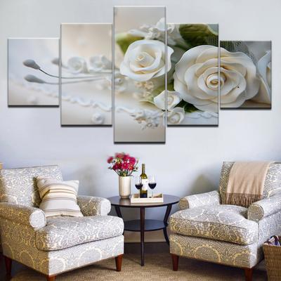 Arte da parede da lona hd imprime fotos modulares cartazes 5 peças rosas brancas flores pinturas para sala de estar decoração casa sem moldura