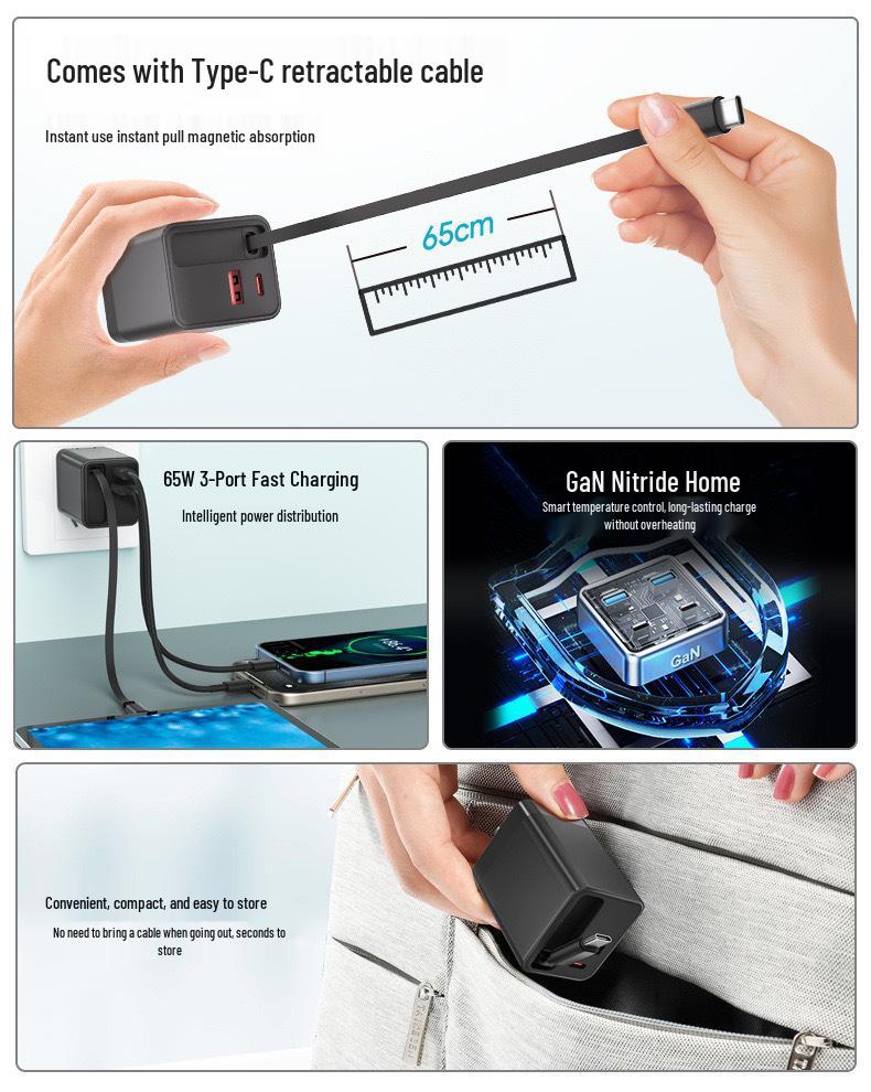 65W Dual Port PD Charger with Retractable Type-C Cable for Fast Charging (A+C)