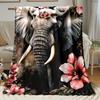 1pc Elephant & Floral Design Flannel Throw Blanket - Lightweight Soft Warm All-Season Polyester Blanket for Sofa, Camping,