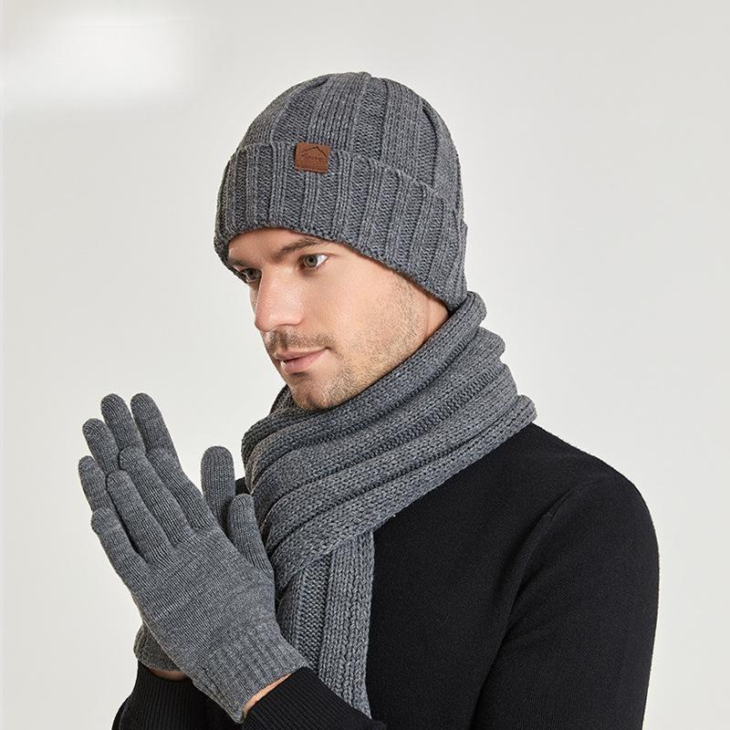 Chapeau d'hiver en laine tricotée pour hommes et femmes, même chapeau, ensemble trois pièces écharpe, gants, chapeau à couverture thermique en peluche