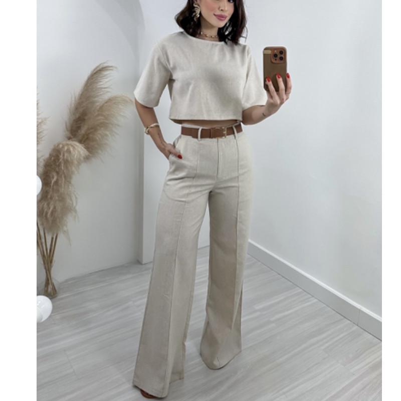 

2024 Cotton Linen Crop Top & High-Waisted Wide-Leg Pants Set for Women XL лаймовый/белый