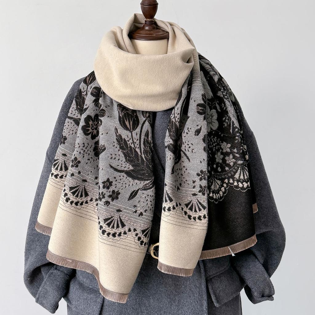 Autumn Winter Scarf Women Pashmina Shawls Cashmere Blanket Warm Thick Chunky Stoles Lady Elegant Poncho Floral Outdoor Bufanda