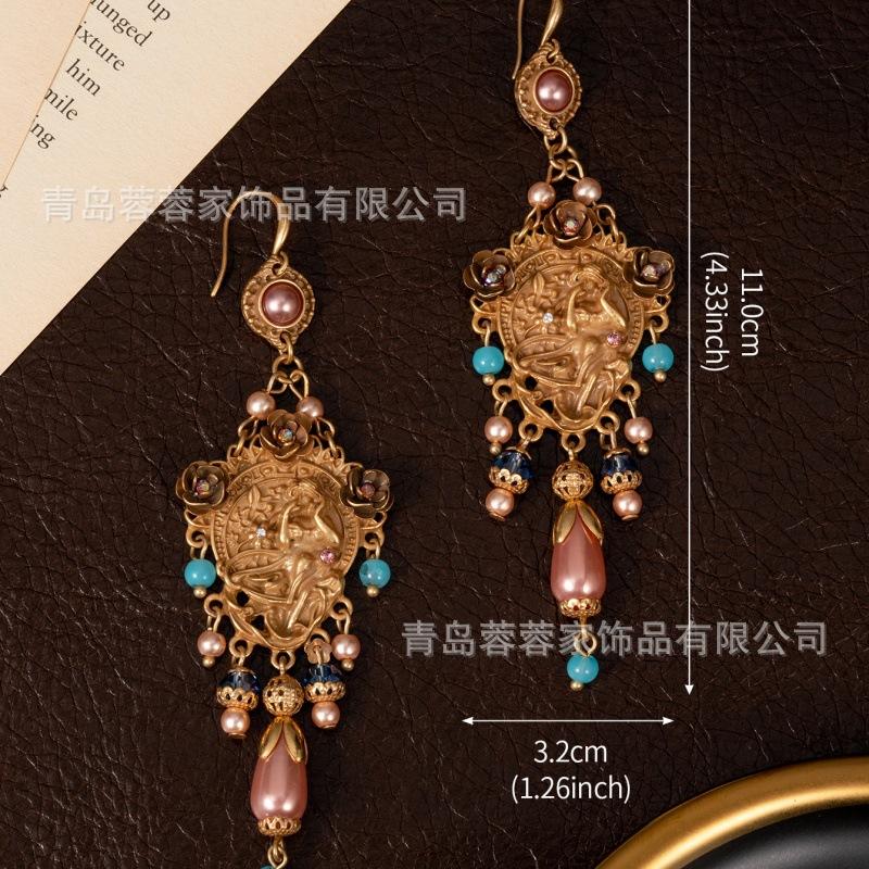 Medieval Vintage Jewelry Antique Heavy Industry Gold Dreamy Princess Relief Pearl Pendant Earrings
