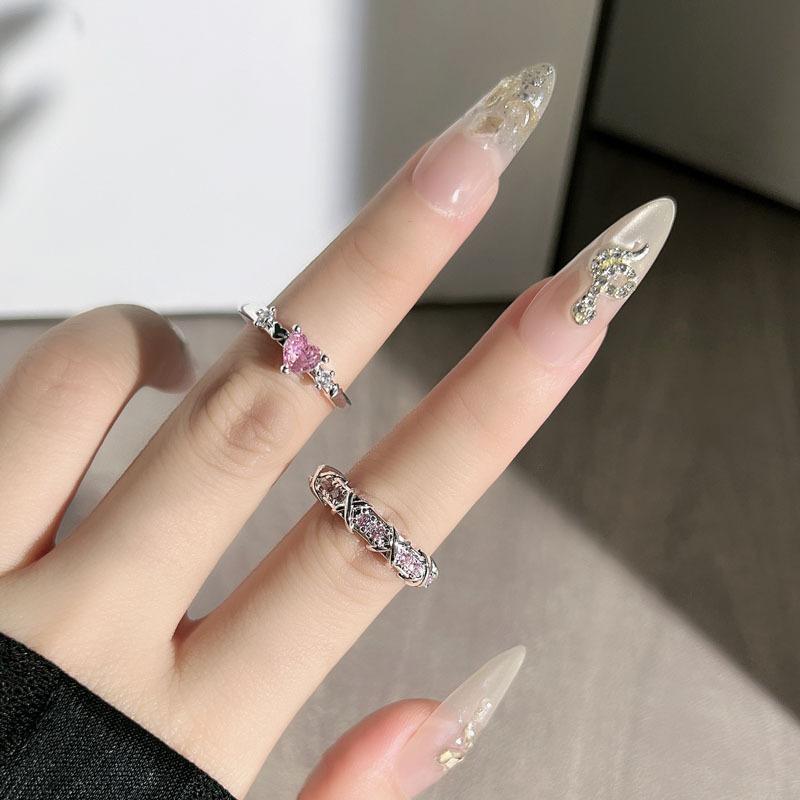 Sweet pink diamond love cross white temperament open ring women's peach heart thorn simple light luxury high sense ring