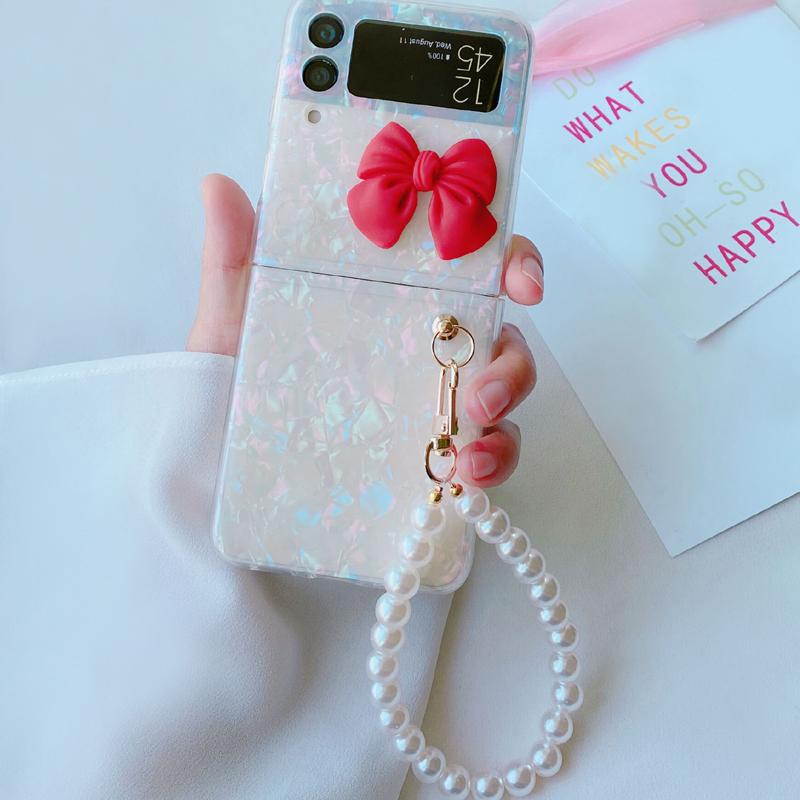 Glitter Colorful Dreamy Conch Shell Pattern Phone Case For Samsung Galaxy Z Flip 3 5g Cute Pearl Bracelet Hand Chain Cover