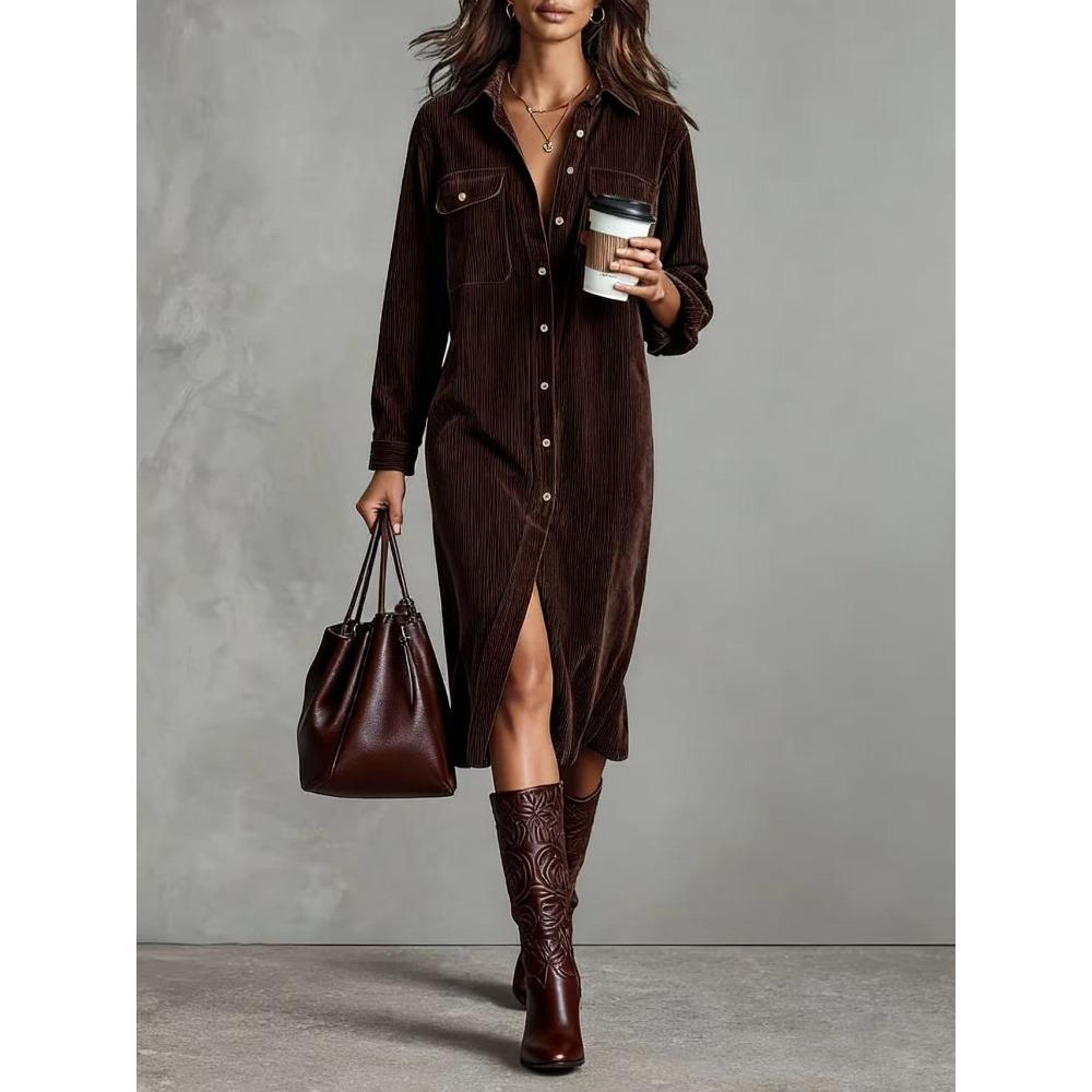 Women's Turn Down Collar Long Sleeve Loose Fit Corduroy Shirt Dress With Button Detail High Waist Solid Color Autumn Casual Commuter Midi Dress Outfit