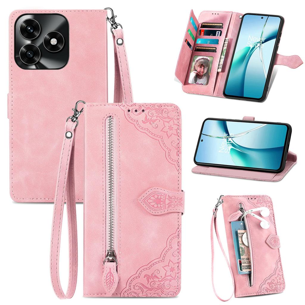 For Honor X5c Plus 4G Zipper Wallet Case with Strap Flower Imprint PU Leather Phone Cover