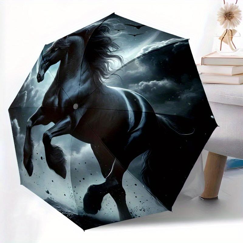 Black Stallion Automatic Open/Close Umbrella - Windproof, Portable Folding Design with 8-Rib Durability, Elegant Horse Silhoue