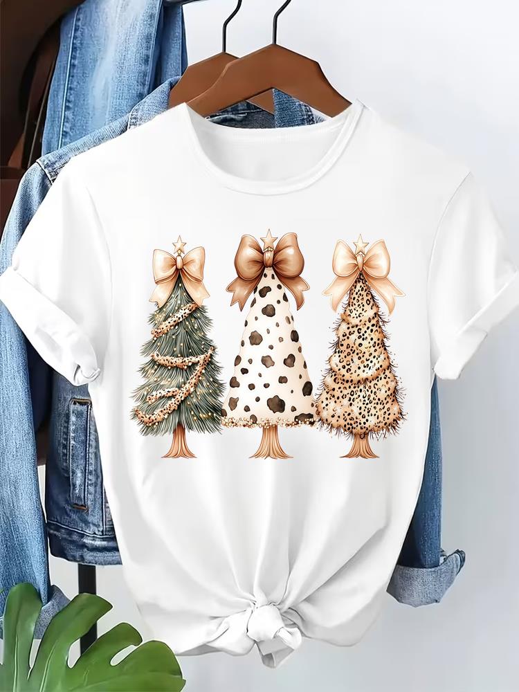 (Asian Size) tree cute style T Shirt Print Fashion Merry Christmas Women's Top Short Sleeve T-shirts O-neck Casual New Year Clothing Graphic Tee