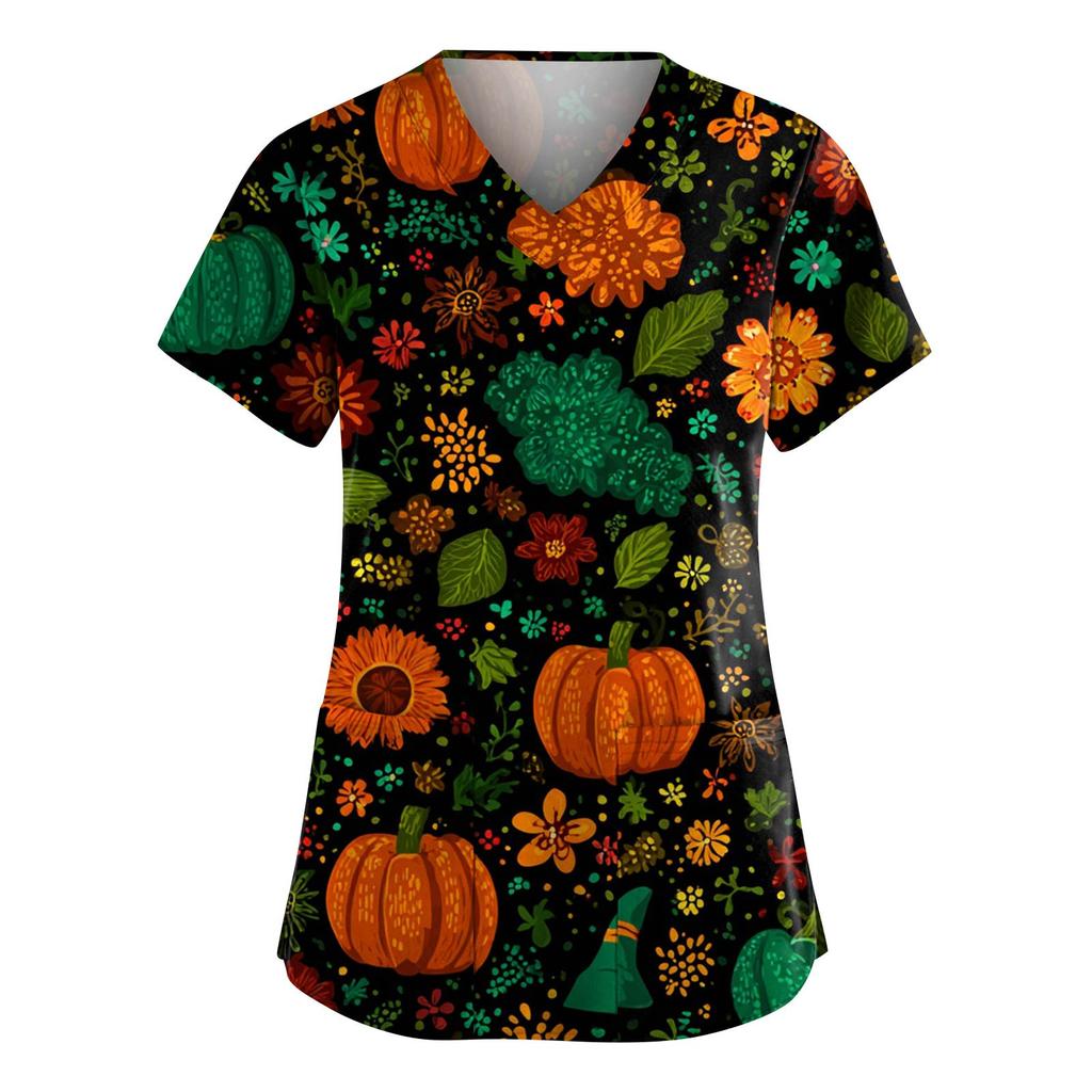 Women's Fashion V-Neck Short Sleeve Overalls With Pockets Halloween Printed Tops  Apparel