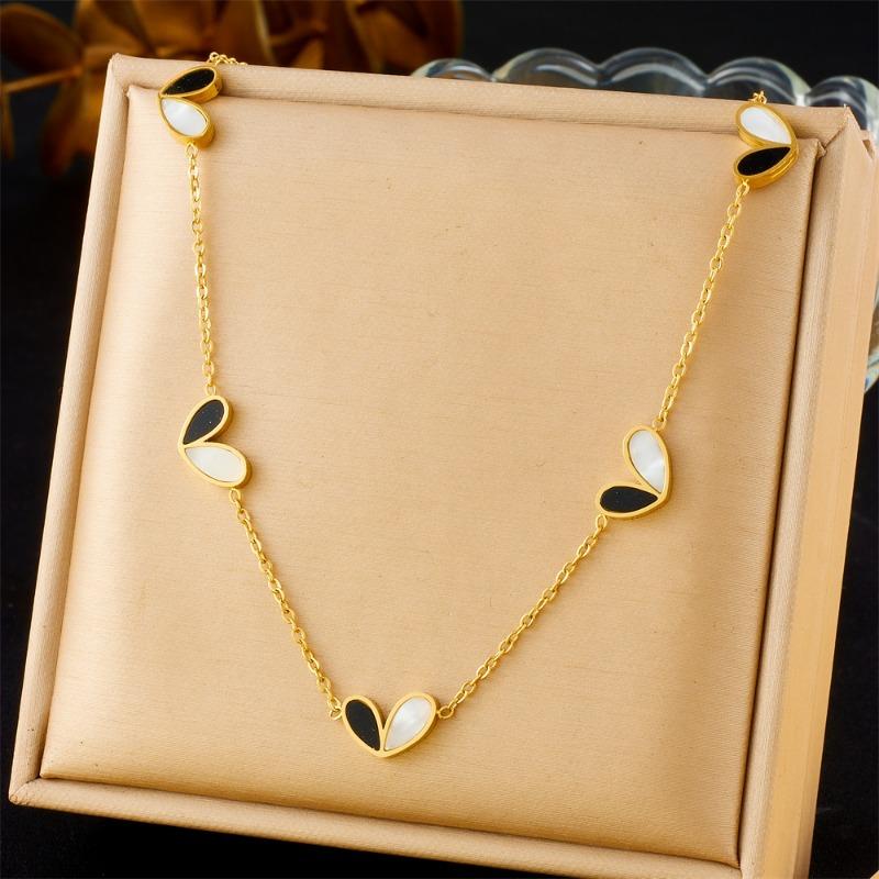 Gold Black White Heart Jewelry Set Necklace Bracelet Earrings for Women