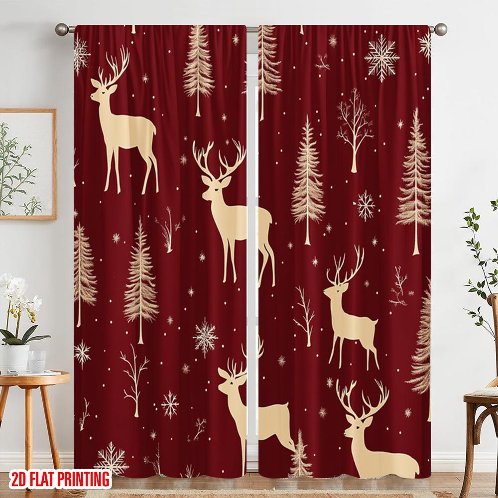 2pcs,2D Plane Printing Print Curtains Deer Snowflakes Christmas Trees 100% Polyester (without Rod) Festive Ldeal for Living Room