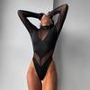 European and American Sexy Sexy See-through Mesh Patchwork Design round Neck Jumpsuit High Waist Black Flattering Long Sleeves Tops