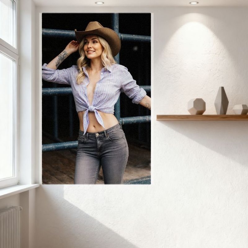 Sexy Blonde Cowgirl Tin Sign - Western-Inspired Rustic Industrial Style Metal Poster with Tied Shirt & Tattoos for Bar Home Wall