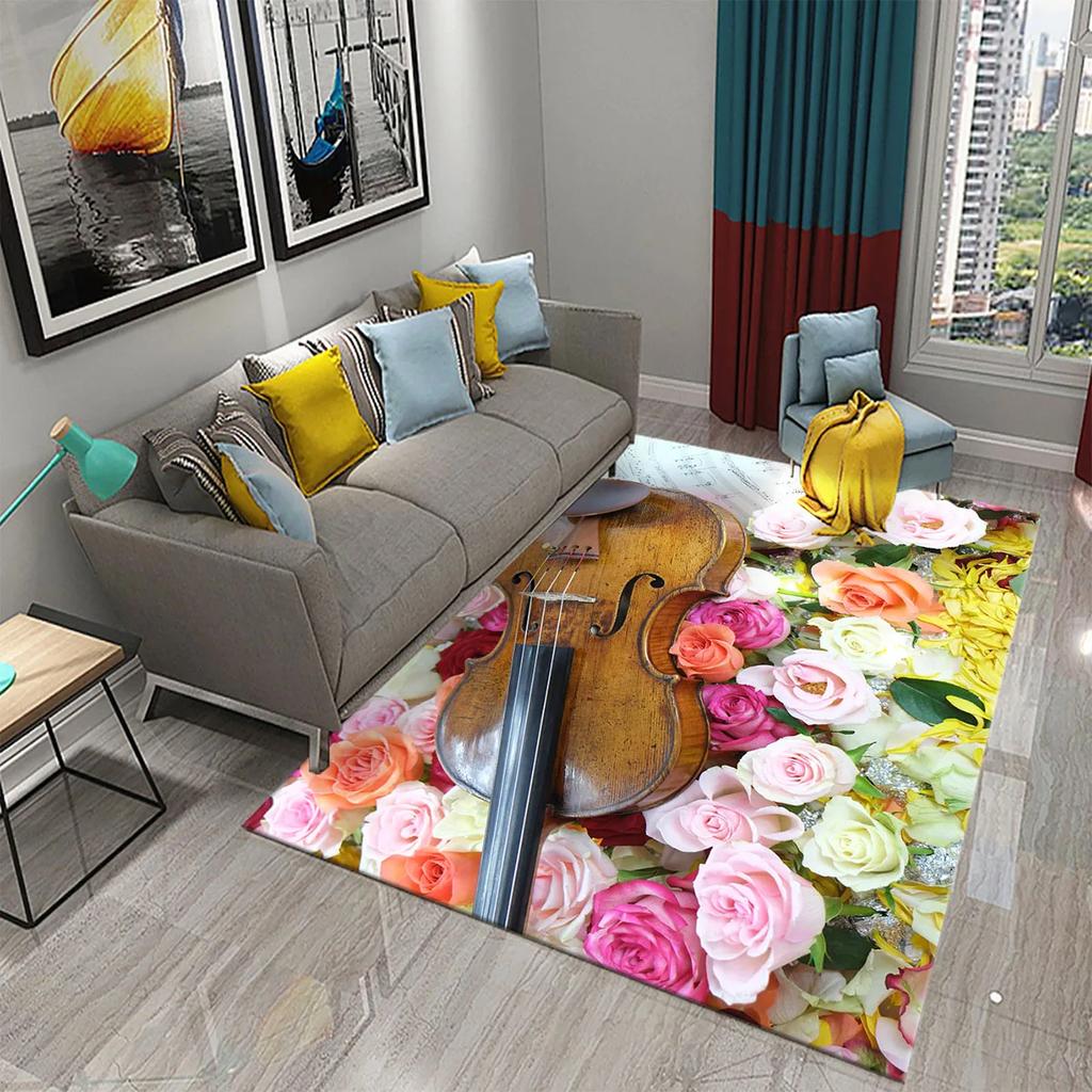 3D Violin Carpet Modern Music Flower Area Rug for Kitchen Bathroom Anti-Skid Rug Carpet Home Decor Living Room Bedroom Floor Rug