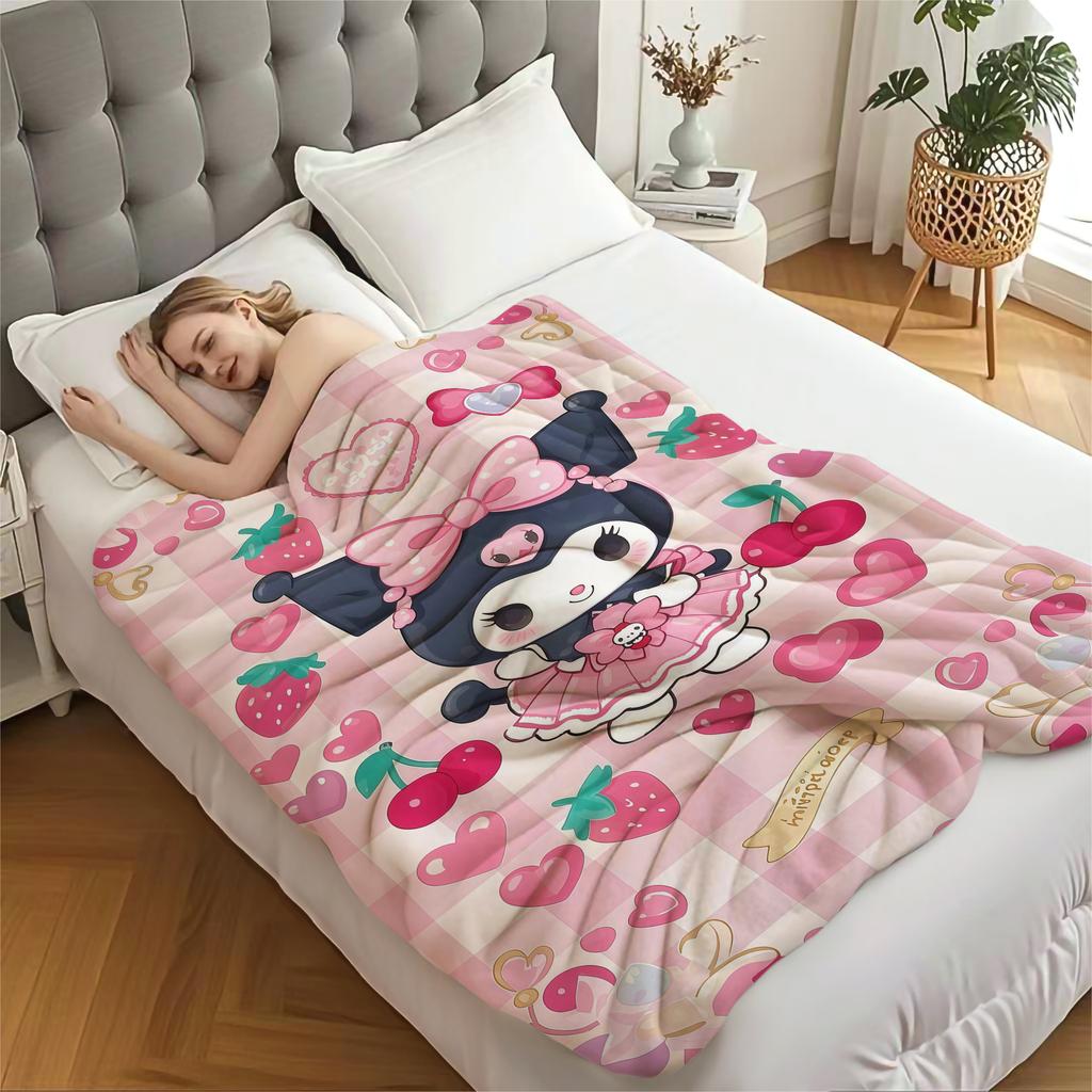 Hot Sale Kuromi Pink Plaid Sweet Blanket Cute Strawberry Cherry Heart Pattern Flannel Plush Throw for Home Decor Bed Sofa Office