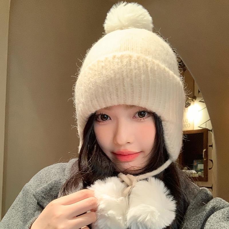 White Knitted Wool Hat, Children's Season Hairball, Warm Face, Small Ear Protectors, Headgear, Winter Big Head Circumference
