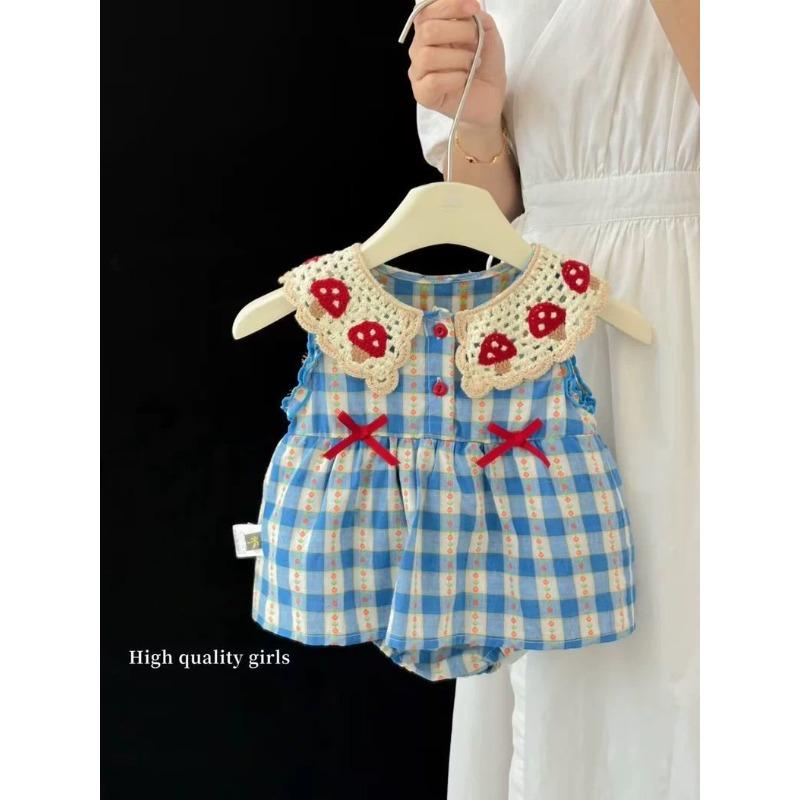 Premium Quality Summer Baby Romper Strawberry Plaid Sleeveless Lace Doll Collar Thin Fashion Newborn Wrap Hip Bodysuit