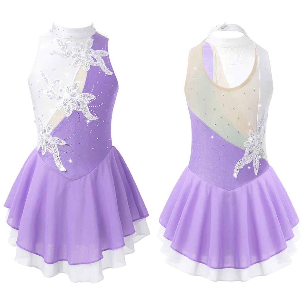 Girls Shiny Sequins Dance Dress Sleeveless Round Neck Floral Decorated Hollow Back Performance Gymnastics Gown