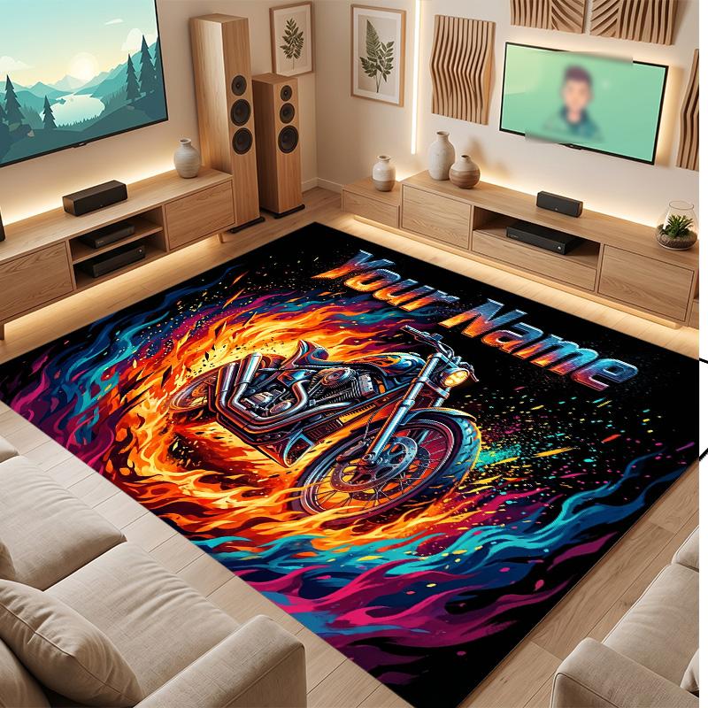 Motorcycle Biker Theme Soft Crystal Velvet Rug Custom Name & Text Print Non Slip Floor Rug for Bedroom Living Room