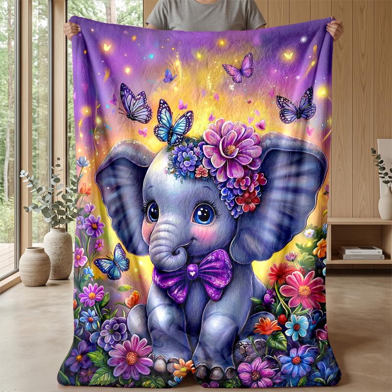 Flowered Elephant with Butterflies Theme Blanket Lightweight Warm Flannel Blanket Decorative Throw Blanket for Home Decoration