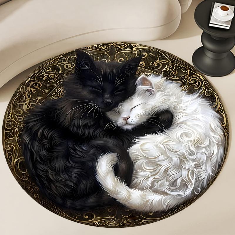 Yin Yang Black and White Cat Print Round Area Rug, Non-Slip, for Living Room, Bedroom, Door Mat Dining Room, Round Area Rug
