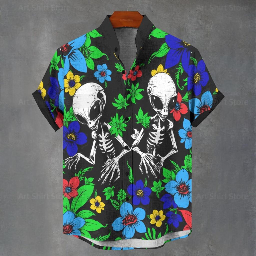 Men's and Women's Summer Shirts Fashion Cool Alien Pattern Printed Short Sleeve Casual Outdoor Men's Clothing Blouse