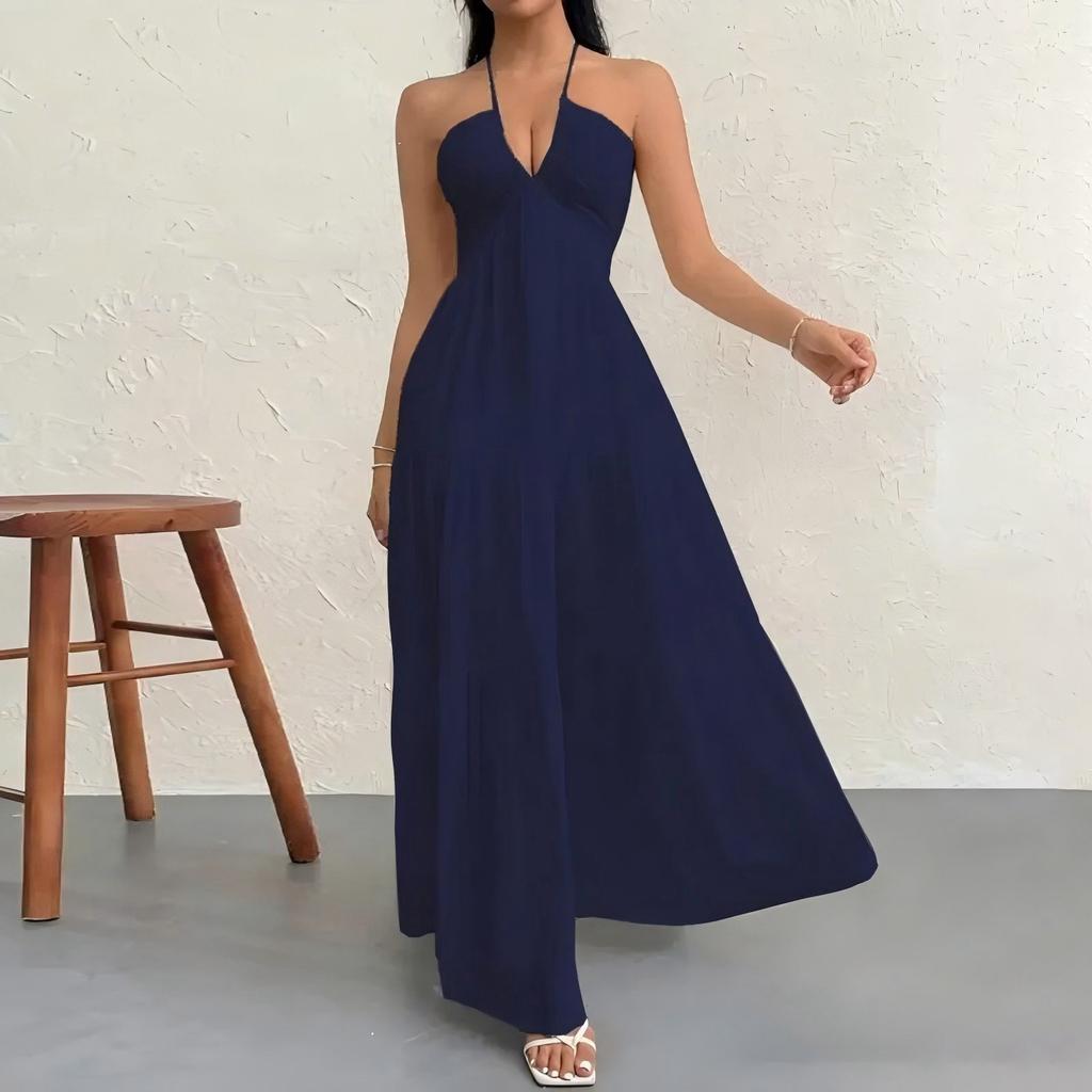 Maxi Abito da Donna Senza Maniche con Scollo all'Americana Schiena Scoperta con Lacci Estivo da Spiaggia Casual Lungo per Vacanze e Tempo Libero