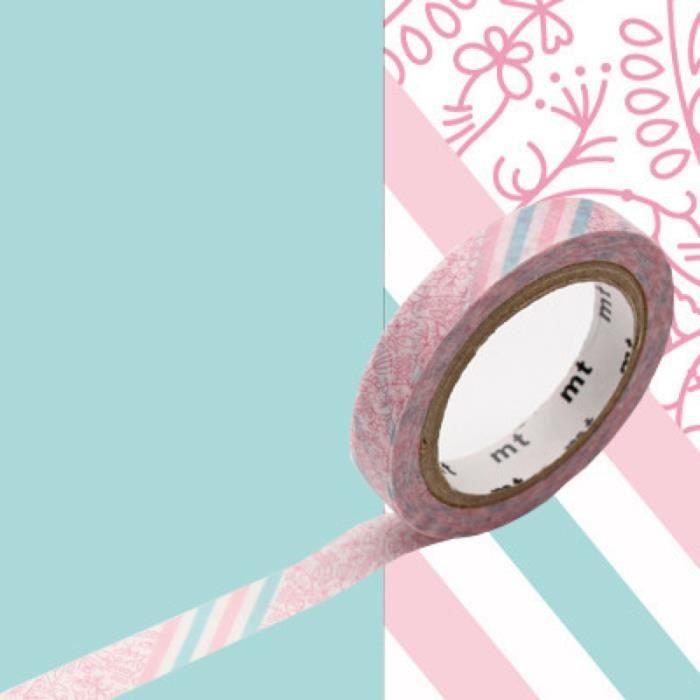 Masking Tape MT EX fleurs rose et rayures 0,7cm x 7m