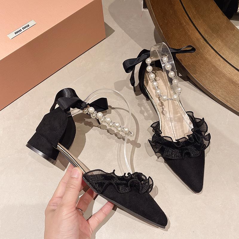 

Baotou sandals women s new summer fairy style lady hollow single shoes French pointed thick heel high heels 35