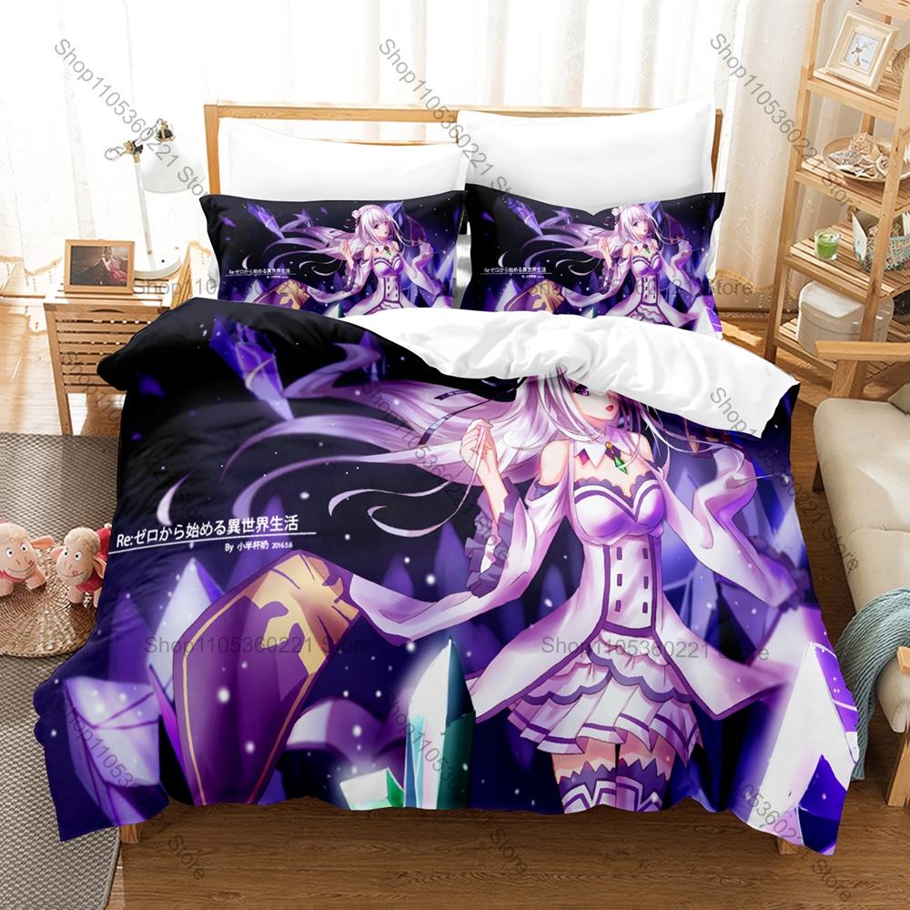Re Zero Rem Ram Themed Duvet Cover + 2 Pillowcases Vibrant Anime Graphic Cozy Home & Dorm Bedding