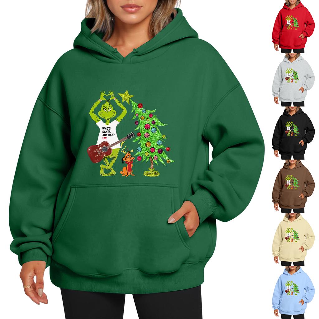 Ladies' Christmas Style Printed Hoodie With Wool And Pockets For Women