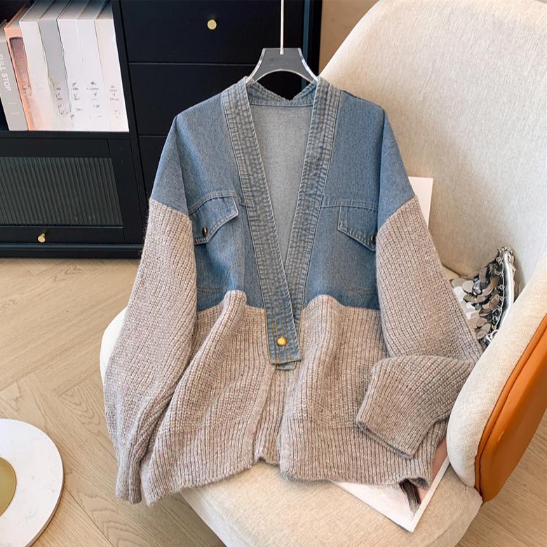 

DIMANAF 2025 Осень Новая Куртка Женские Свитера Пальто Пэчворк Стеганое Пальто Кардиган Вязаный Карманы Свитер one size