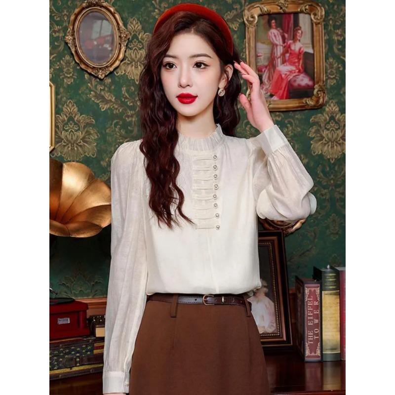 Women s Ruffle Collar Puff Sleeve Chiffon Blouse With Decorative Buttons S абрикосовый