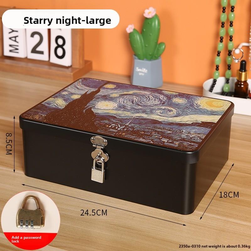 Retro Tinplate Box with Lock Key, Desktop Storage Box, Cosmetics, ID Storage, Household Jewelry Empty Box.
