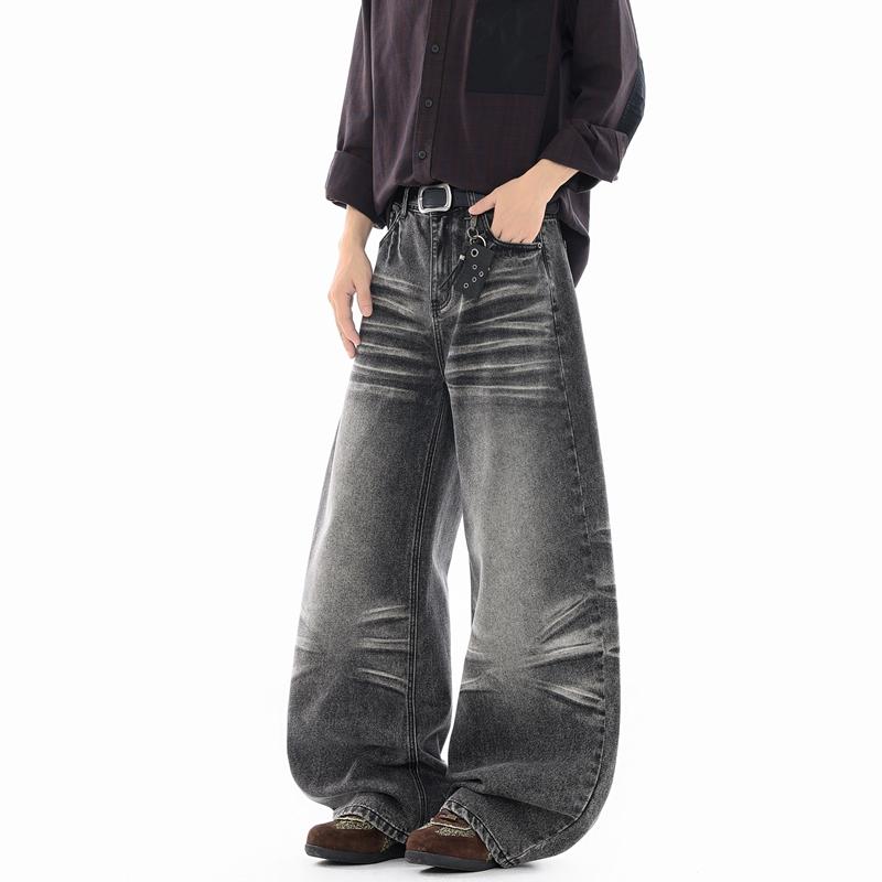 Retro Washed Workwear Jeans, Men's Wide Leg Pants, Straight Leg Pants