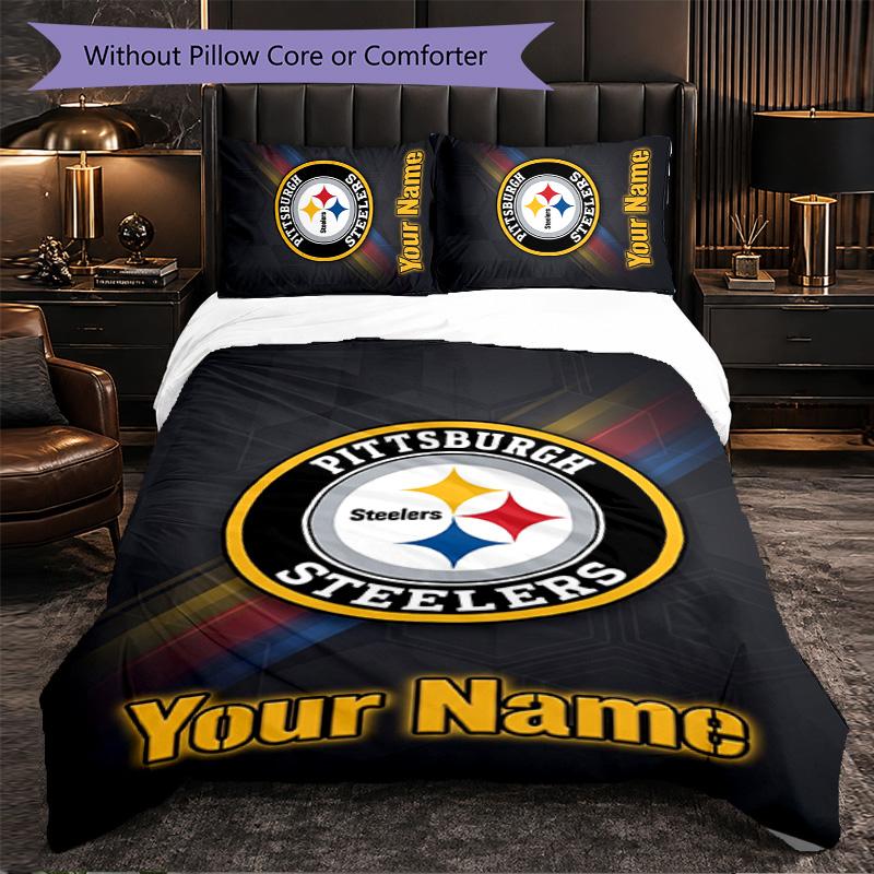 Pittsburgh Steelers Customized Name Text Bedding Set, 1 Duvet Cover & 2 Pillowcases Personalized Bedroom Gift